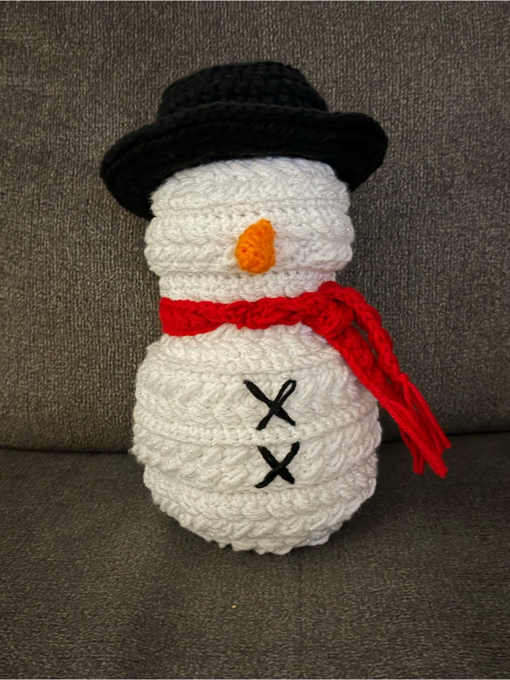 Handmade White Crochet Snowman with Black Hat and Red Scarf